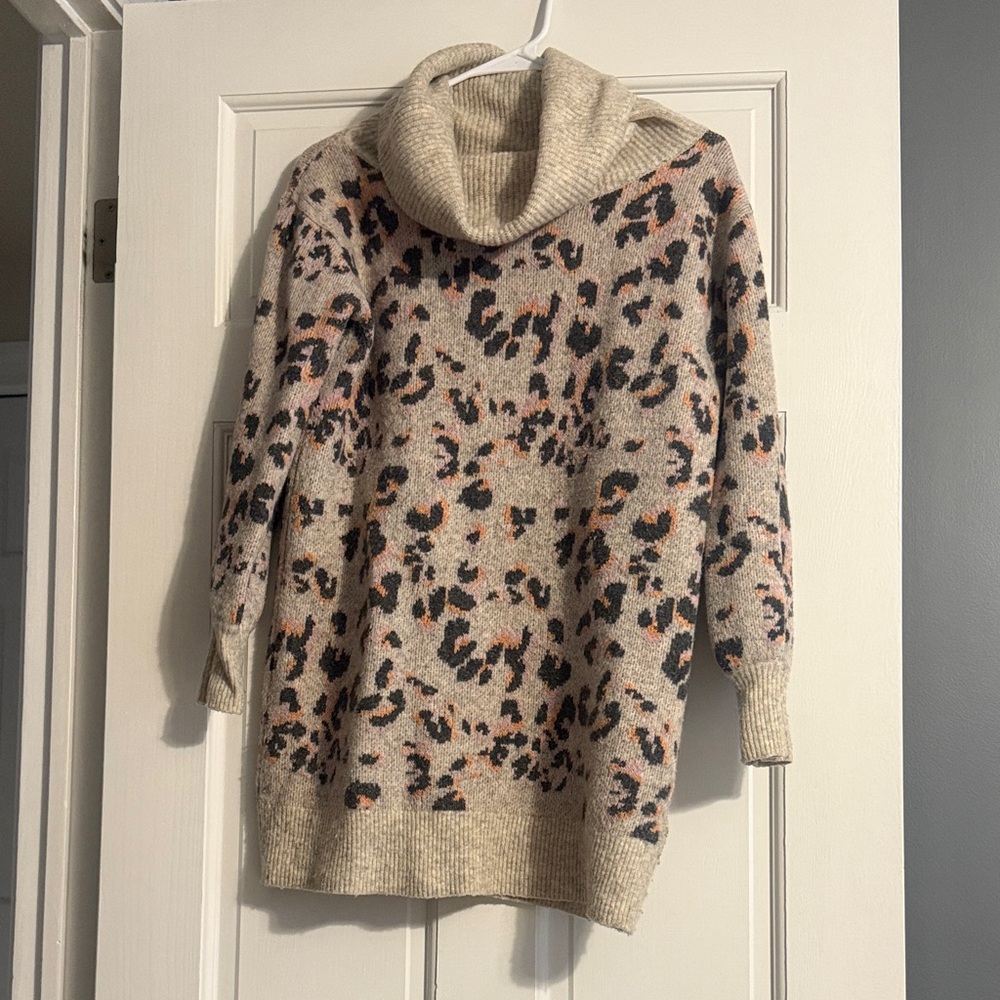 Anthropologie Beige Leopard Patterned Cowl Neck Sweater